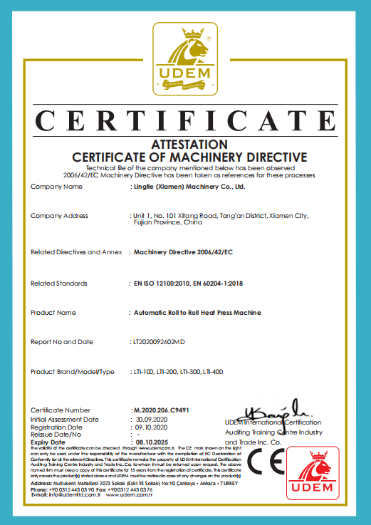 Certificate CE pentru mașină automată de presare la căldură
